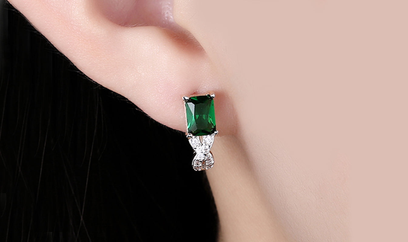 14K Gold Plating Emerald Cut Green  Elements Twisted Pav'e Lever back Earrings